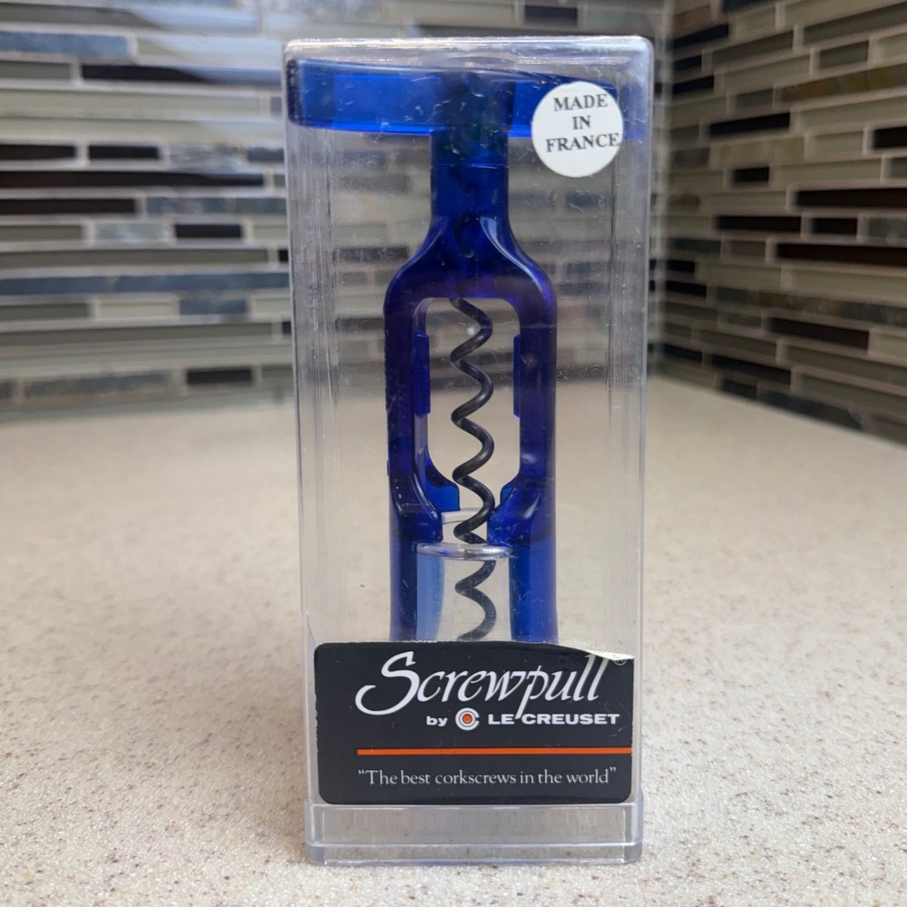VTG RARE Le Creuset Screwpull Corkscrew Wine Opener Cobalt Blue France w/ Case
